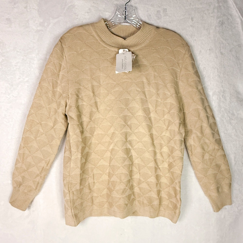 NWT Kris Fashion Textured Knit Sweater Women's M Beige Scallop Jacquard $150